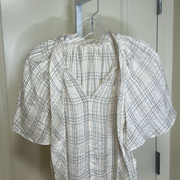 REBECCA TAYLOR - “Jules” Plaid Short-Sleeve Silk Blouse - Size 6, White, Black - Picture 12 of 17